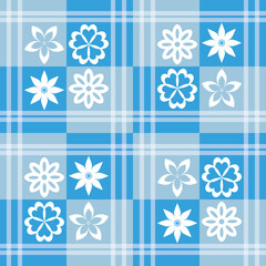 Elegant blue and white floral motif on a classic tartan background, ideal for casual and springwear, adding freshness and vintage charm to your wardrobe
