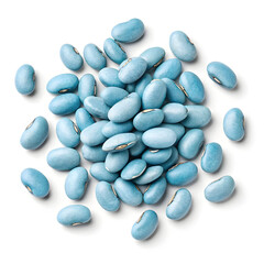 Close-up of dried navy beans scattered on a white background, showing their small oval