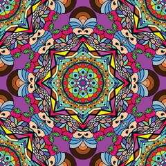 Intricate, colorful mandala with kaleidoscopic symmetry, perfect for boho and artistic fashion statements on clothing. Bright hues and detailed motifs enhance visual appeal