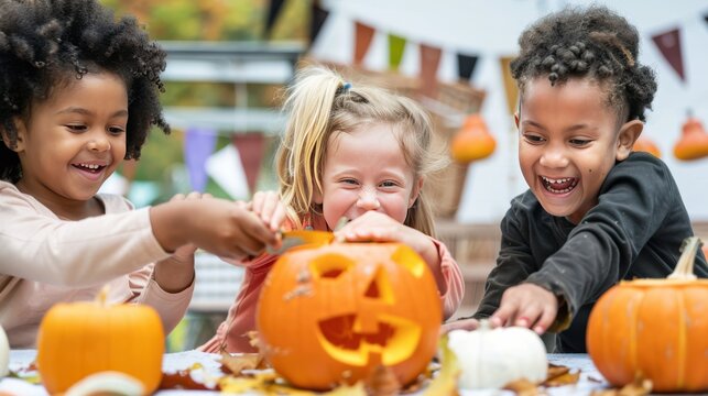 Joyful diverse kids carving Halloween pumpkins outdoors, celebrating autumn with creative fun