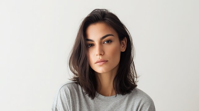Portrait of a beautiful woman with a loose straight bob with a side hairstyle, looking directly at the lens with professional studio lighting, sharp focus, low contrast and soft shadows.