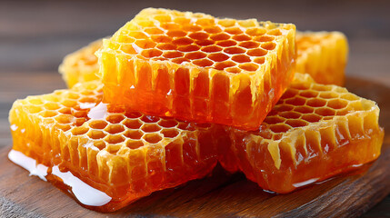 Fresh honeycomb pieces stacked on wooden surface, showcasing their golden color and hexagonal pattern, evoke sense of natural sweetness and purity