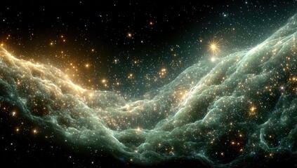 Obraz premium Vast nebulae of emerald green and gold, speckled with stars, against a black cosmic backdrop