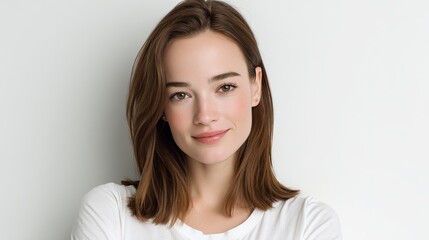 Naklejka premium Portrait of a beautiful woman with a loose straight bob with a side hairstyle, looking directly at the lens with professional studio lighting, sharp focus, low contrast and soft shadows.