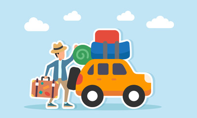 Young man with hat carrying travel suitcase standing near car filled with vacation items illustration for World Tourism Day celebration
