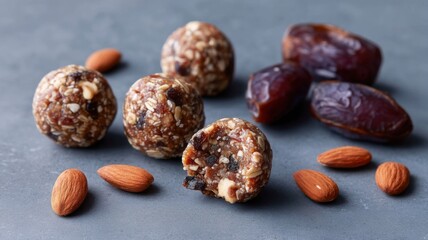 Healthy recipes of  energy balls made with nuts and dates on a grey background.