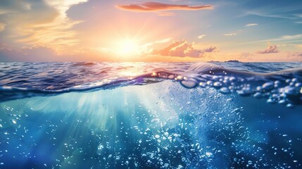 Fototapeta premium Dynamic ocean wave crashing with both underwater and above water views at sunset, showing golden sunlight reflecting on wave crests, turquoise underwater currents, and the warm glow of the setting 