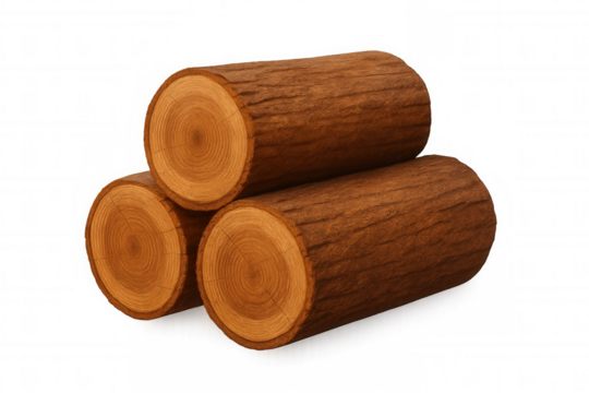 Three wooden logs forming a stable triangular stack, ideal for forestry, carpentry, or lumber-related projects, presented on a transparent background