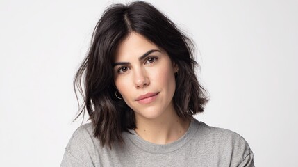 Fototapeta premium Portrait of a beautiful woman with a loose straight bob with a side hairstyle, looking directly at the lens with professional studio lighting, sharp focus, low contrast and soft shadows.