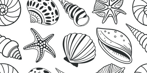 Seamless marine pattern with seashells and starfish in detailed outline style. Ocean beach illustration for textile, wallpaper, and design. Decorative nautical sea life motif background art.