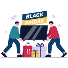 Black Friday Illustration. Vector illustration of Two shoppers carrying a large television with bags and presents below, bold Black Friday header, tech bargain moment. Isolated on background