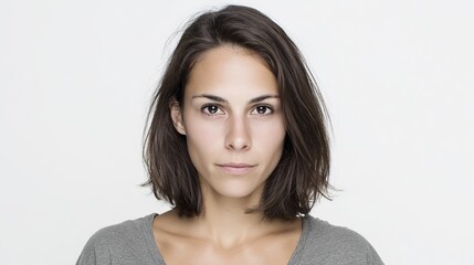 Portrait of a beautiful woman with a loose straight bob with a side hairstyle, looking directly at the lens with professional studio lighting, sharp focus, low contrast and soft shadows.