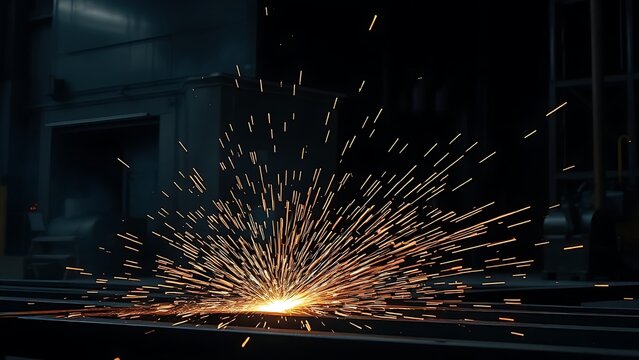 An industrial workshop with glowing sparks, showcasing dynamic energy in a dark environment.