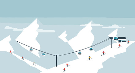 A vibrant flat image depicts a bustling winter ski resort, showcasing snow-capped peaks, a modern ski lift, and active skiers enjoying the white slopes.
