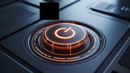 A prominent, glowing orange power button on a dark, futuristic technological surface, symbolizing control, activation, innovation, and digital interface.
