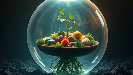 Surreal floating meal inside glowing eco-sphere, roots extending into soil, symbolizing sustainable nutrition.