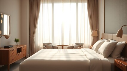 Obraz premium Serene hotel bedroom bathed in morning light, featuring minimalist decor and a neatly made bed.