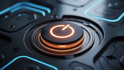 A prominent, glowing orange power button on a dark, futuristic technological surface, symbolizing control, activation, innovation, and digital interface.