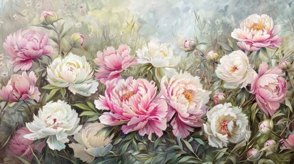 Oil painting of pink and white peony flowers in full bloom in garden