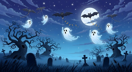 A spooky halloween night scene with bats flying ghosts over a graveyard under a full moon and starry sky