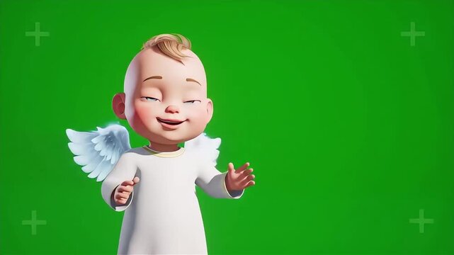 Digital illustration of a smiling baby angel with white wings on a green background