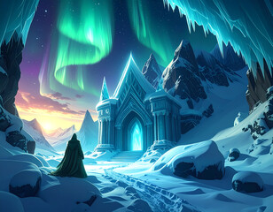 Lone mysterious traveler on an epic journey toward magical glowing gate in snowy mountain landscape under an awe inspiring aurora borealis