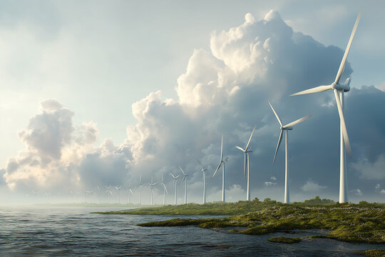 wind energy park near ocean, multiple windmill turbines rotating to produce green power, sustainable technology working in harmony with nature and climate goals - Powered by Adobe