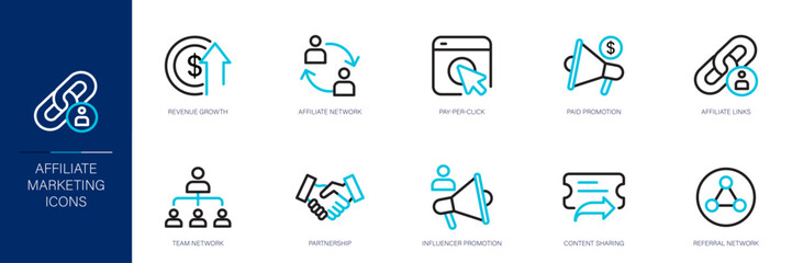 Affiliate Marketing Blue Colored Outline Icon Set
