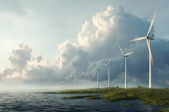 wind energy park near ocean, multiple windmill turbines rotating to produce green power, sustainable technology working in harmony with nature and climate goals