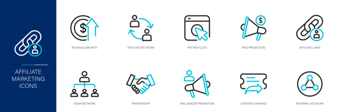 Affiliate Marketing Blue Colored Outline Icon Set