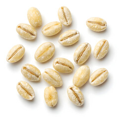Obraz premium Close-up of pearled barley grains isolated on a white background, highlighting their smooth,