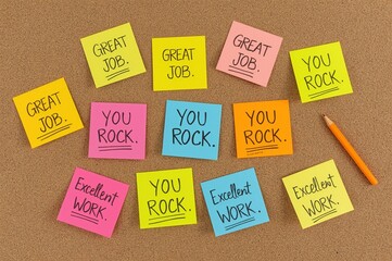 Colorful sticky notes praise work, corkboard