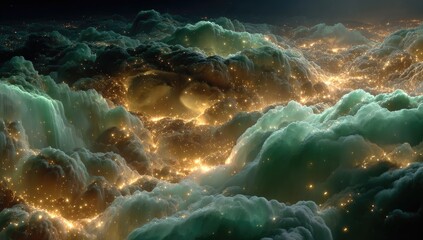 City nestled within swirling clouds.  A breathtaking, surreal landscape of glowing city lights embedded within billowing, teal and amber clouds