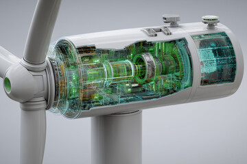 wind turbine cross-section showing internal rotating components with digital tech overlay, green energy system monitored by smart sensors, advanced sustainable production visual
