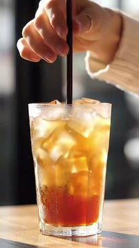 Aromatic Brown Iced Tea in Clear Glass with Black Straw being Adjusted by a Human Hand, on a Wooden Table, a Refreshing and Cool Sweet Drink for Summer National Iced Tea Day Promotion Ads