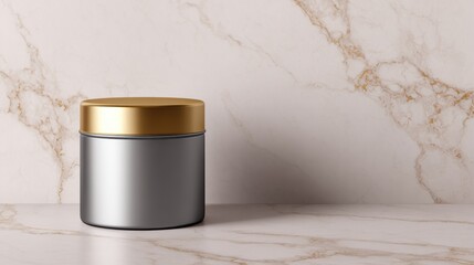 A sleek silver and gold jar on a marble countertop, showcasing modern design in a minimalist setting