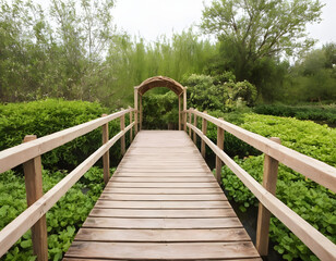 Obraz premium A photo of a wooden garden bridge isolated on a white background. A wooden bridge in the woods.