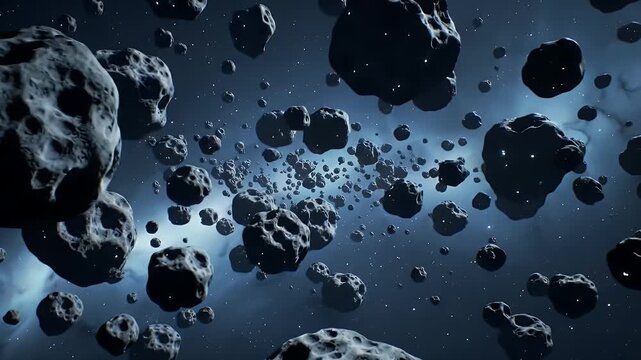 Dark Blue Cosmic Astroid Field Flight Through Space