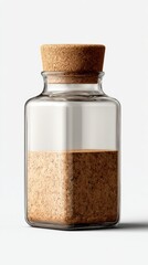 Transparent glass jar with cork lid filled with natural ingredients on light background