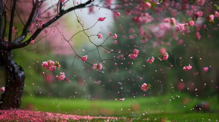 Beautiful cherry blossom tree in spring with falling petals in garden