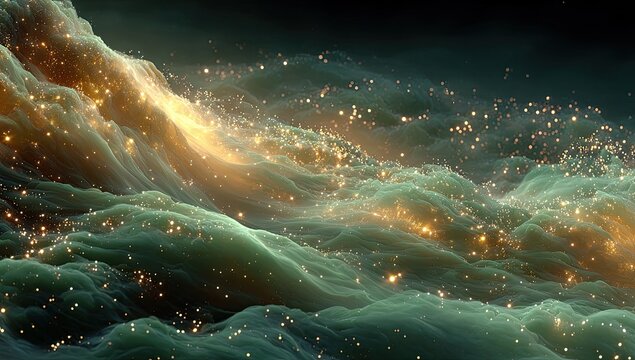 Abstract landscape of swirling, textured, teal-gold surfaces with golden particles