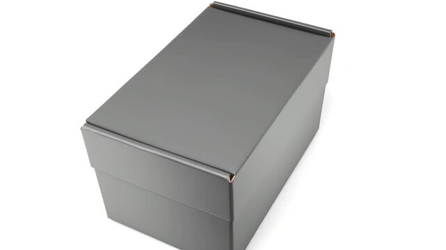 Elevated view of a simple, dark gray rectangular cardboard box with a glossy finish, isolated on a solid white background, showcasing a clean aesthetic., 4K Video 