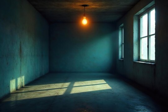 An empty, cold room with a single, flickering lightbulb casting long shadows; conveying a sense of profound isolation and chilling emptiness , interior, building, empty