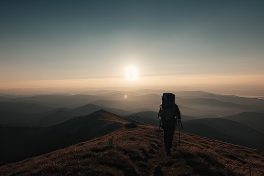 Contemplative woman stands on mountaintop during sunrise. Serene atmosphere enhances sense of adventure and peace in nature.