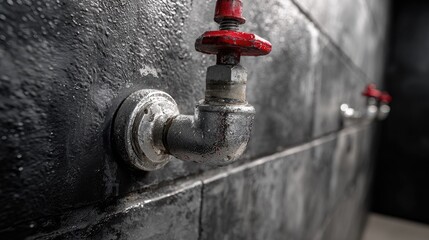 Fototapeta premium Close-up of a weathered water faucet on a dark gray wall.