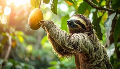 Obraz premium A three-toed sloth, with its characteristic long claws, extends its arm to grasp a ripe fruit bathed in golden sunlight, capturing a serene moment in the vibrant, dense tropical rainforest canopy