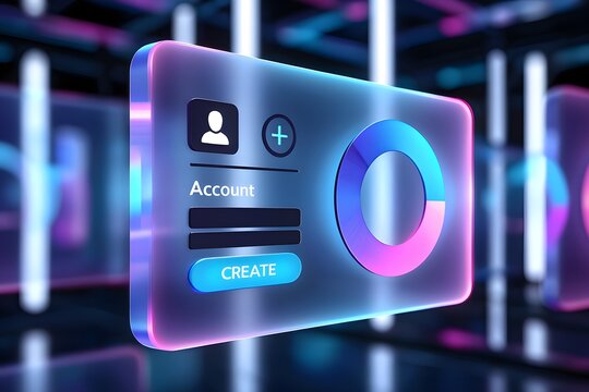 Futuristic digital account creation and user profile setup interface, featuring a neon-glowing sign-up form for secure access and online identity management.
