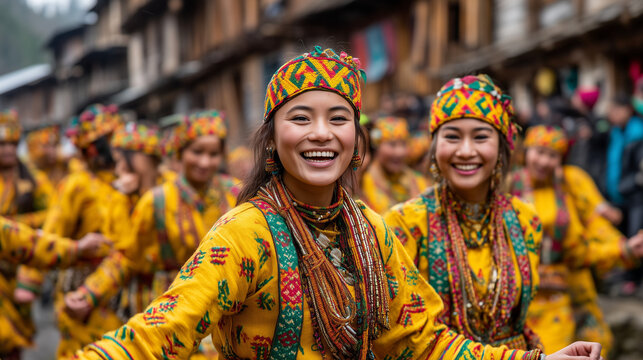 Joyful Gurung Women Dancing in Traditional Dress during Tamu Losar Festival in Nepal Celebrating Culture, Music, Heritage, and Community Unity