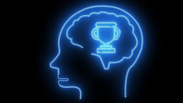 human brain head icon and trophy icon with neon effect