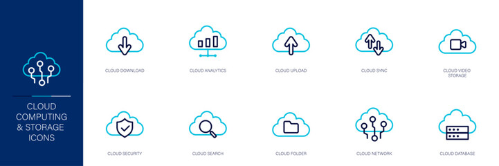 Cloud Computing and Storage Blue Colored Outline Icon Set